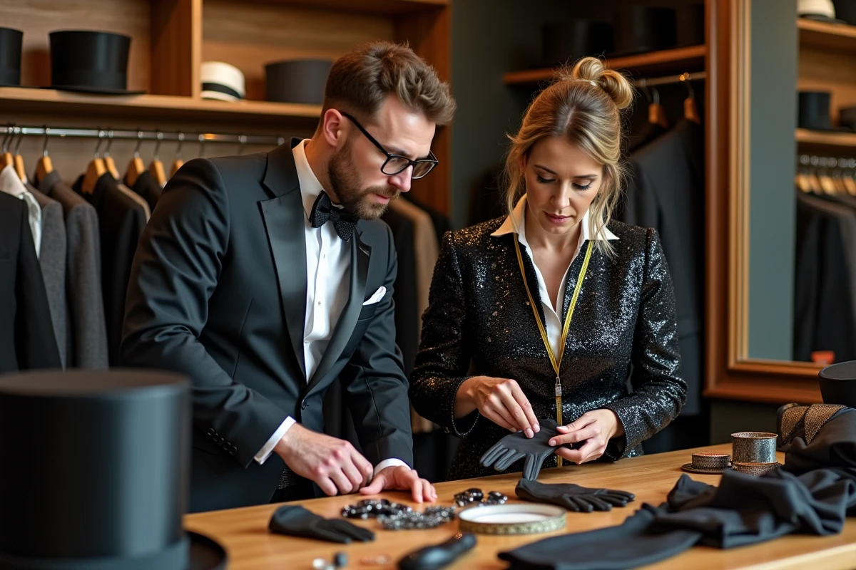 Client et vendeur assemblant un costume complet pour le réveillon du nouvel an dans une boutique spécialisée