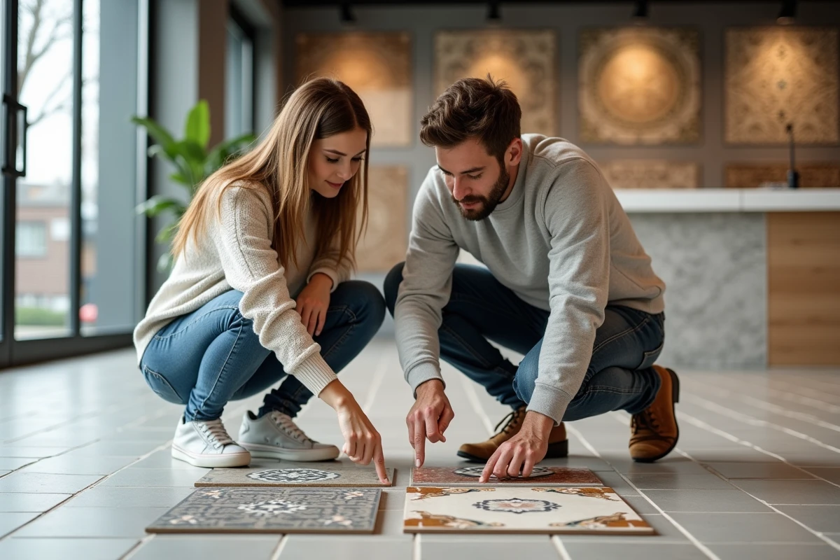 Couple comparant des échantillons de carreaux de faïence posés au sol dans un magasin de carrelage, choisissant ensemble leur revêtement mural