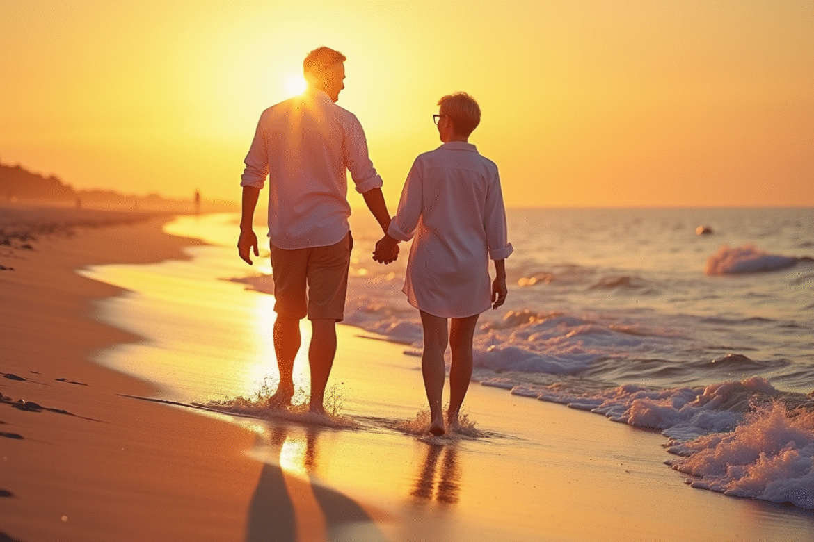 Couple main dans la main sur la plage au coucher de soleil