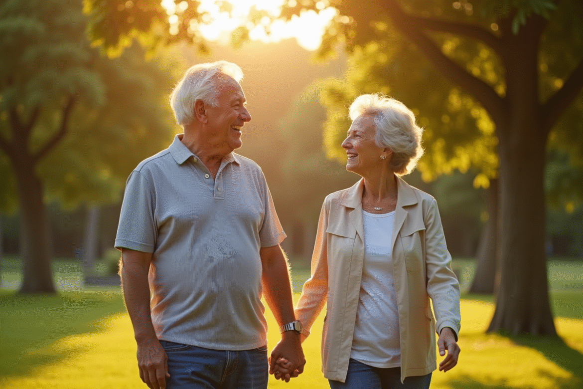 Couple mature marchant dans un parc ensoleille