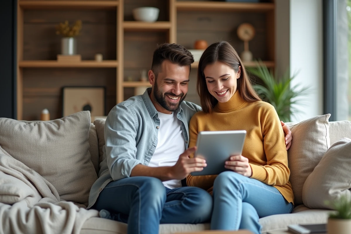 Couple consultant les paramètres d'un compte membre sur une tablette dans un salon confortable