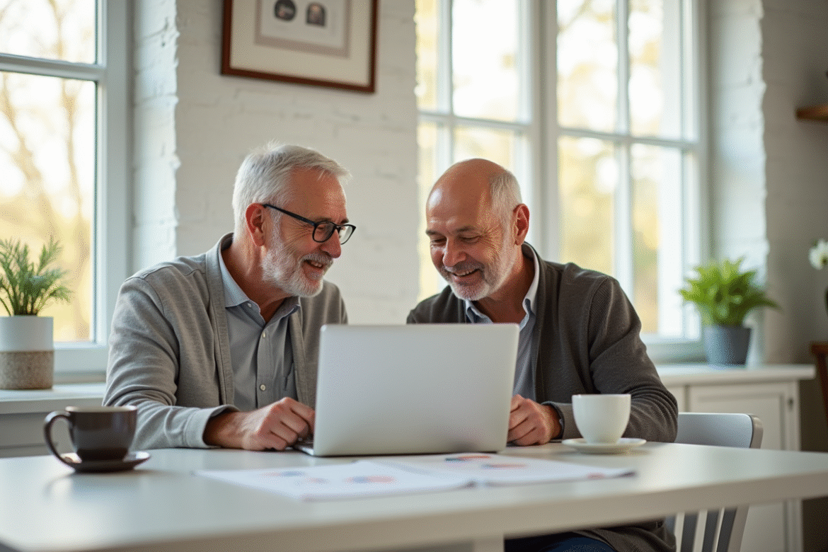 Couple retraité souriant dans une cuisine lumineuse