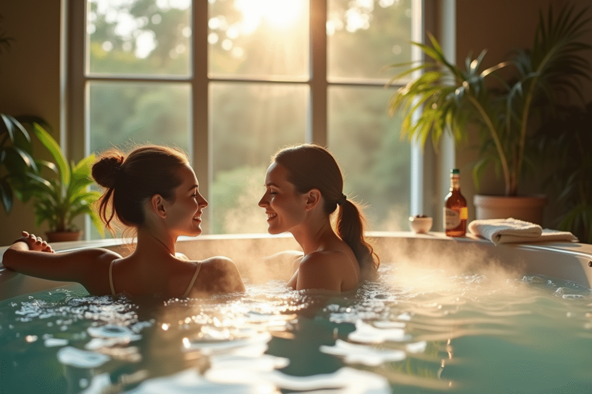 Couple relaxant dans un spa privé en Alsace avec lumière naturelle