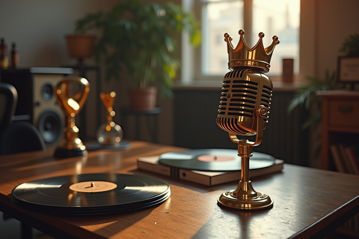 Couronne dorée sur un micro vintage avec vinyles et trophées musicaux