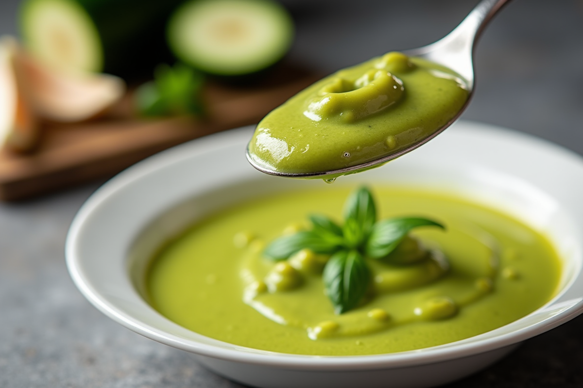 Cuillère avec gazpacho de courgette et ingrédients frais