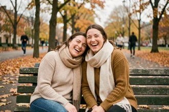 Deux amies riant ensemble sur un banc de parc en automne, illustrant une amitié sincère et tendre entre femmes