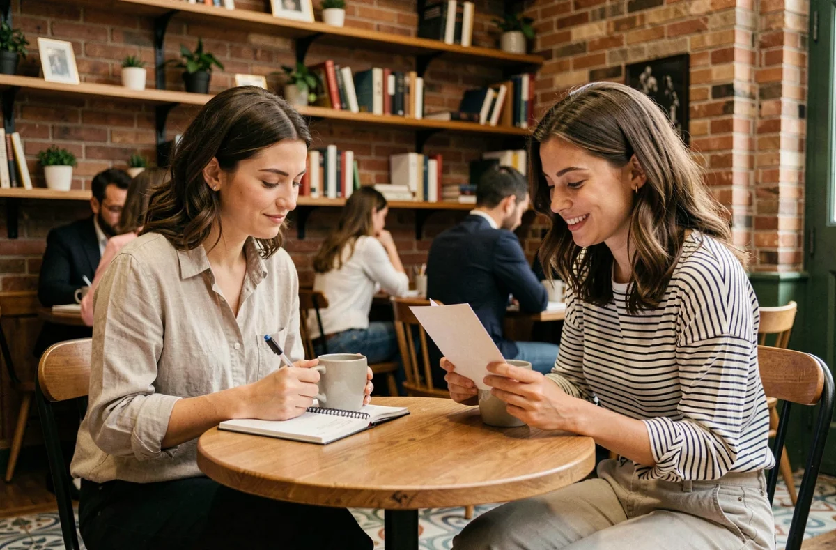 Deux amies dans un café se partageant un message d'amitié écrit à la main, moment intime et complice