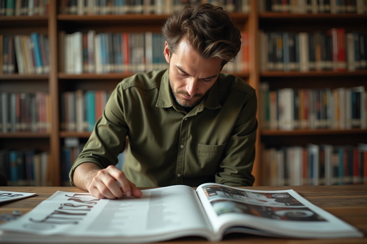 Homme consultant des magazines musicaux et programmes de concerts dans une bibliothèque pour découvrir de nouveaux talents de la chanson francophone