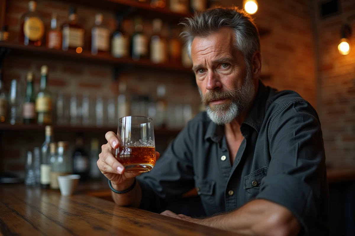 Homme dégustant un verre de whisky Akashi dans un bar intime avec une expression pensive et concentrée