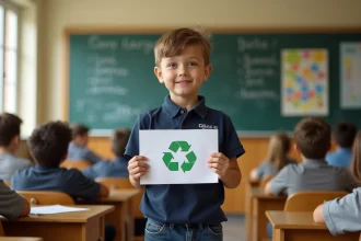 Jeune délégué de classe CM2 présentant un projet de recyclage devant ses camarades dans une salle de classe française