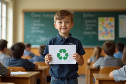 Jeune délégué de classe CM2 présentant un projet de recyclage devant ses camarades dans une salle de classe française