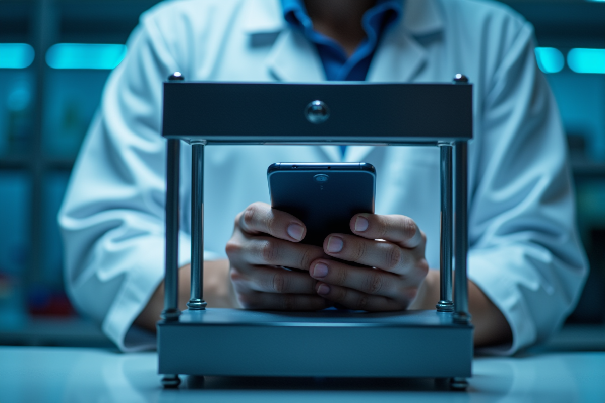 Scientifique plaçant un smartphone dans une cage de Faraday moderne en laboratoire