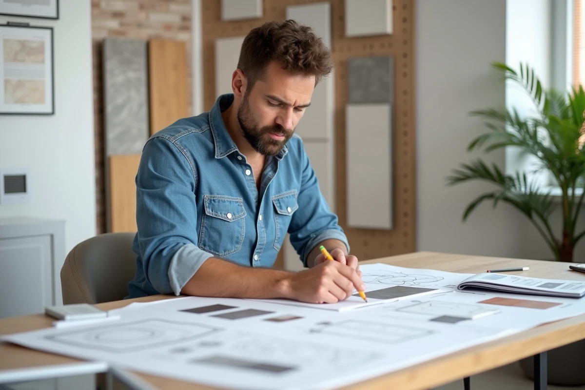 Designer intérieur étudiant un moodboard de carreaux de faïence lors d'une consultation dans un showroom de carrelage professionnel
