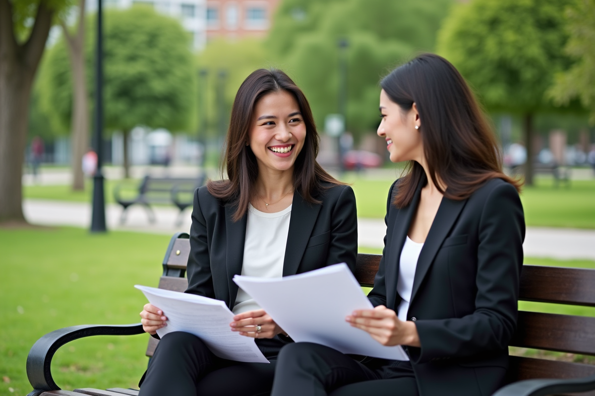 Deux femmes discutant de documents dans un parc urbain