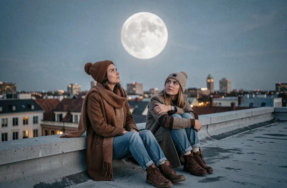 Deux femmes sur un toit urbain contemplant la pleine lune de novembre, partage émotionnel et ressenti énergétique lunaire