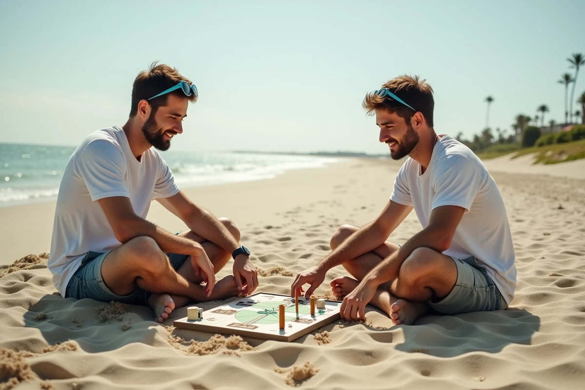 Deux hommes jouant à la règle des palmiers sur une plage avec des cartes de défis et des figurines en bois