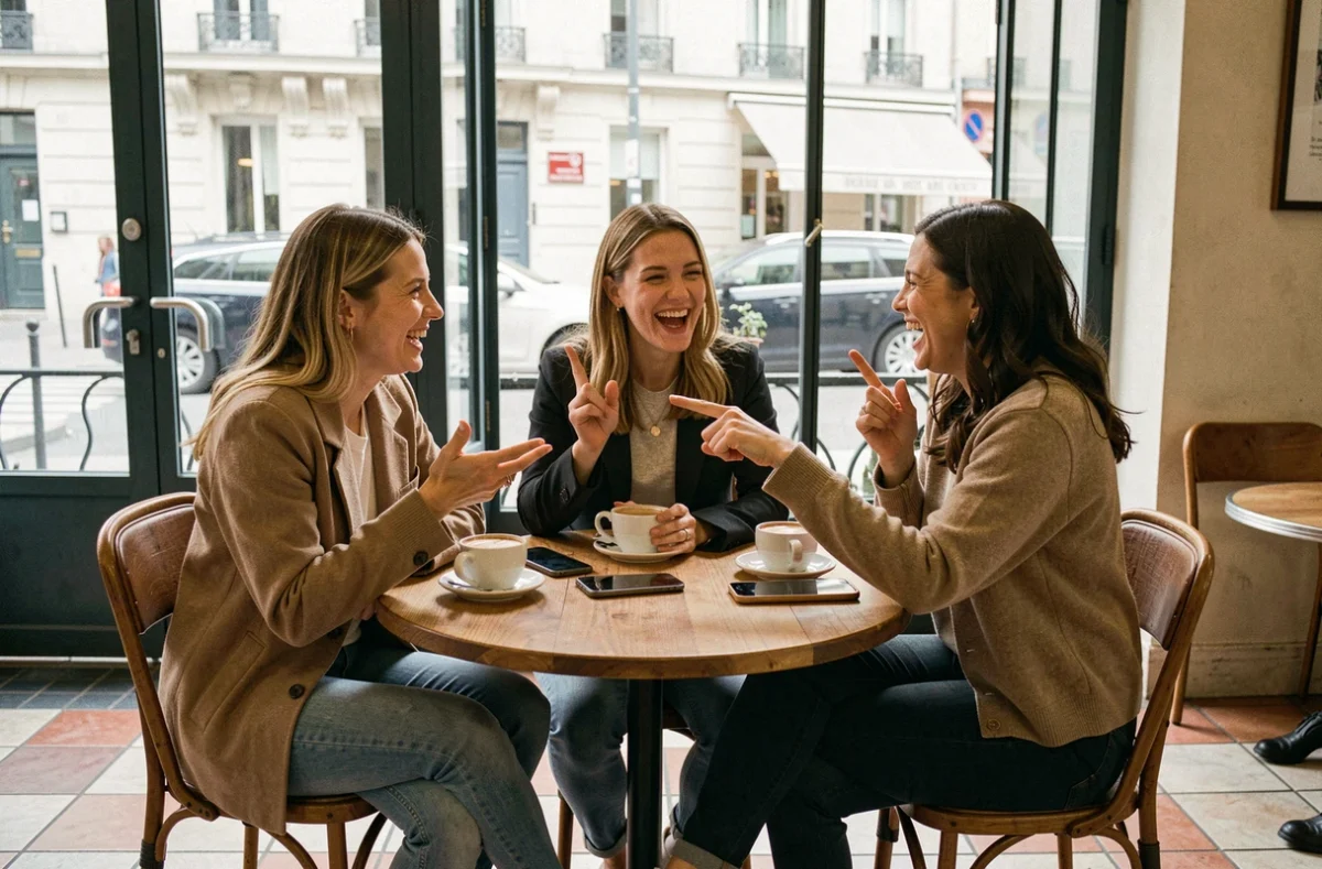 Groupe de femmes en discussion animée dans un café parisien, évoquant l'usage courant des expressions musicales en 2026