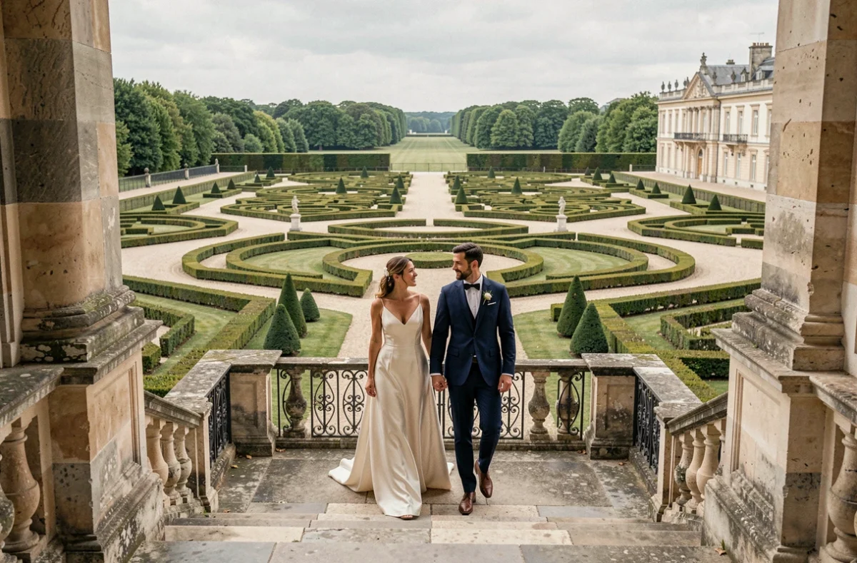 Couple de mariés se promenant sur la terrasse en pierre du Domaine de Saint-Cloud avec vue sur les jardins à la française et les boisements en arrière-plan