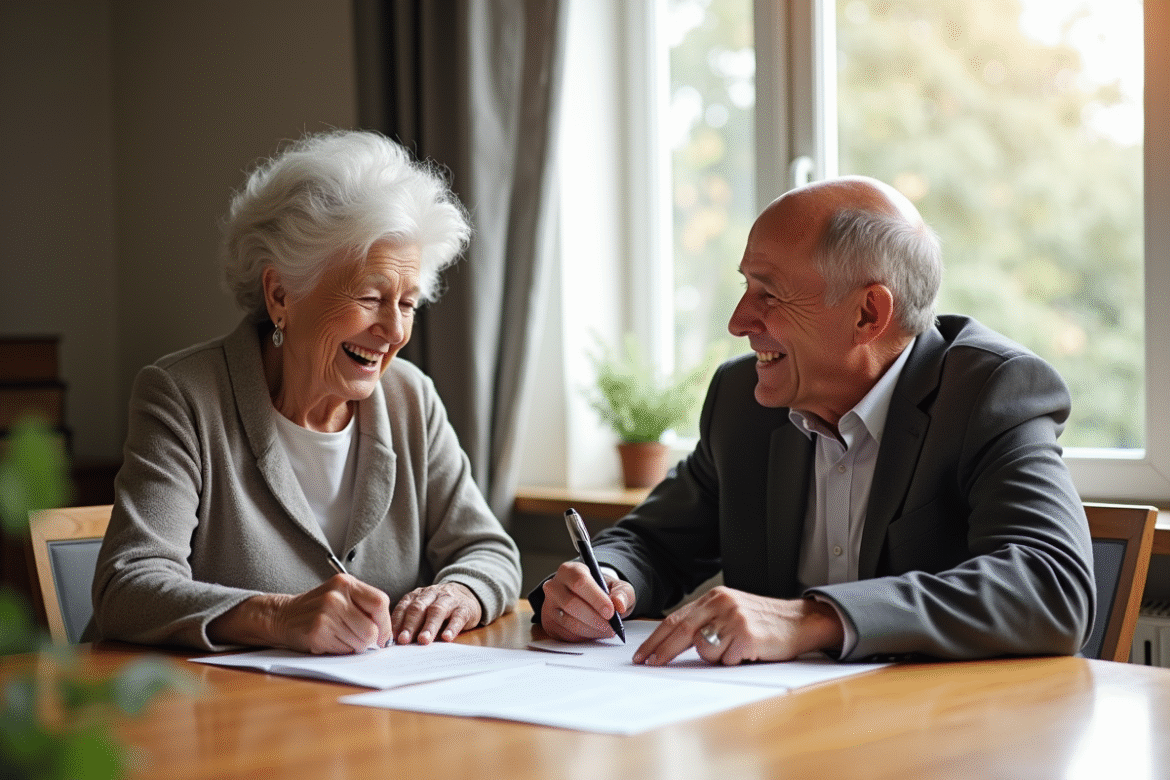 Une femme âgée signe un document de donation avec un homme