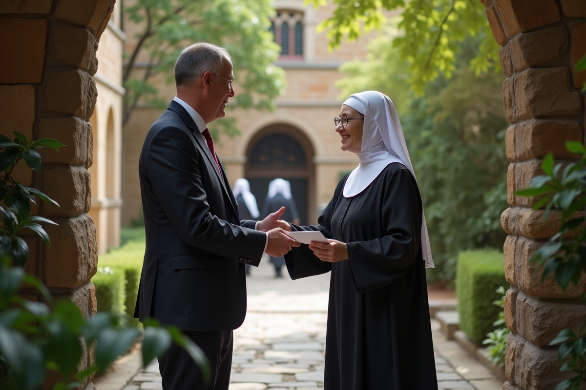 Homme remettant une enveloppe à une religieuse devant le monastère