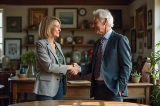 Femme en blazer et homme en costume serrant la main dans un studio chaleureux