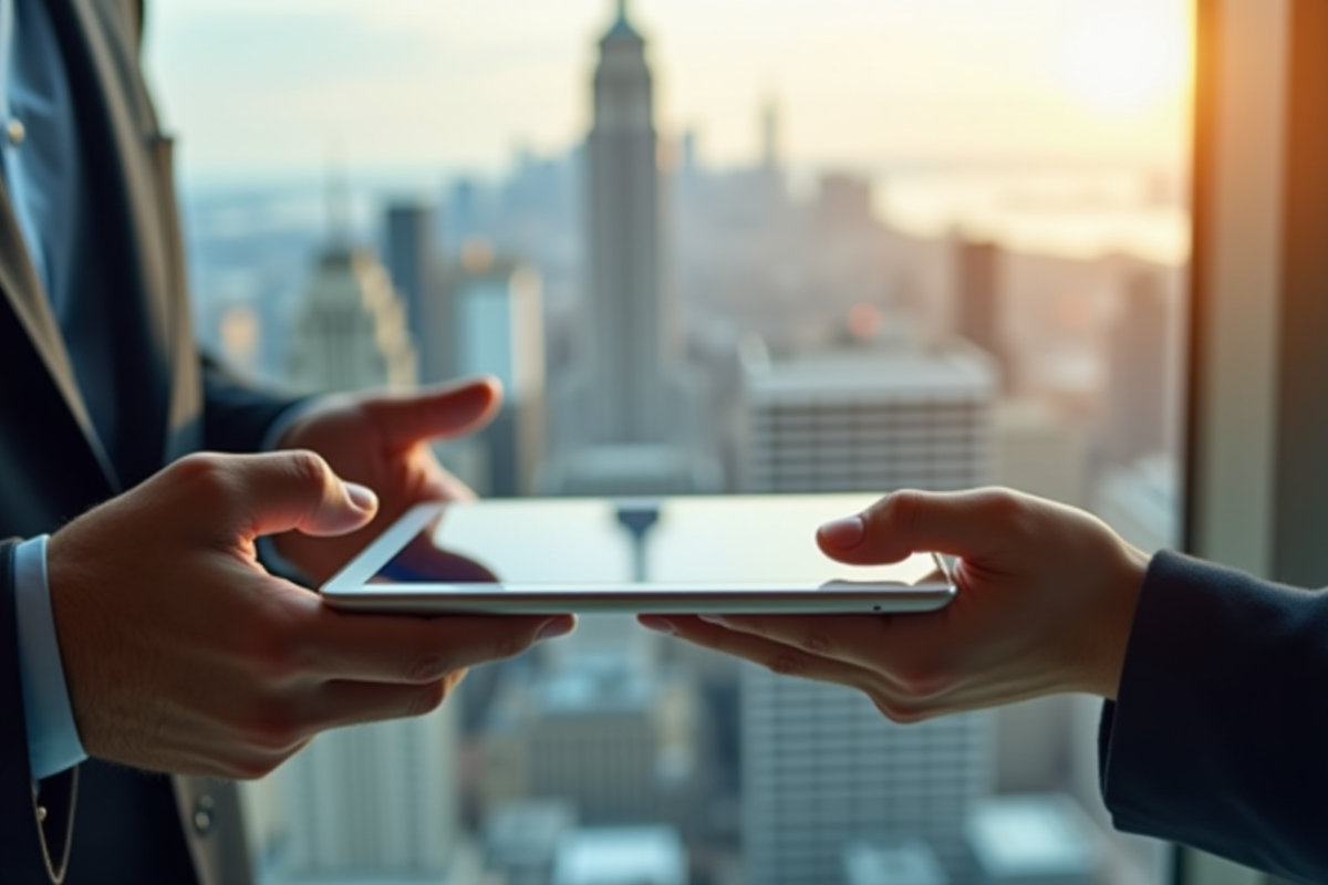 Main échangeant une tablette avec une demande de prêt approuvee