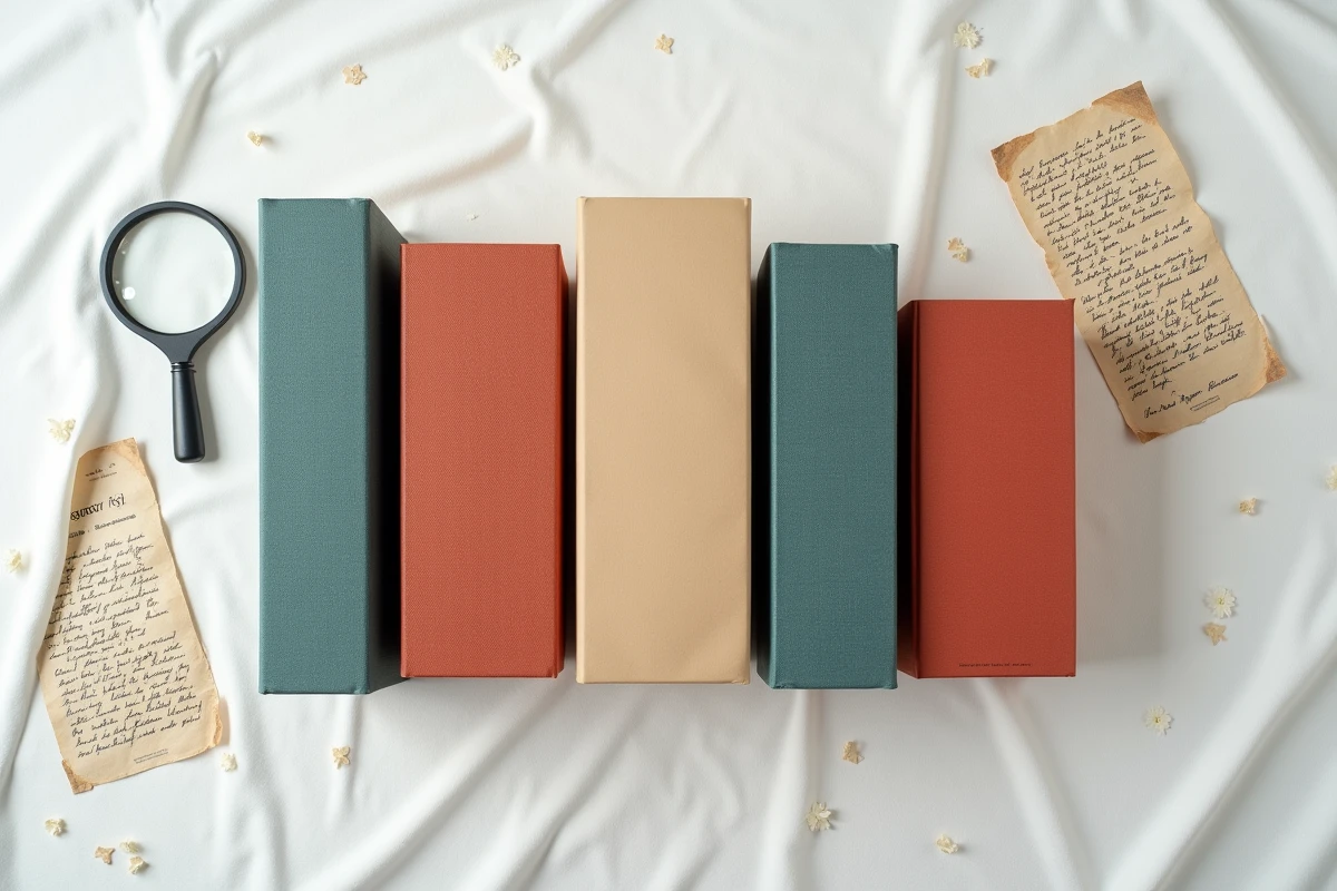 Cinq éditions internationales du livre le plus vendu au monde disposées en à plat sur une surface en lin blanc
