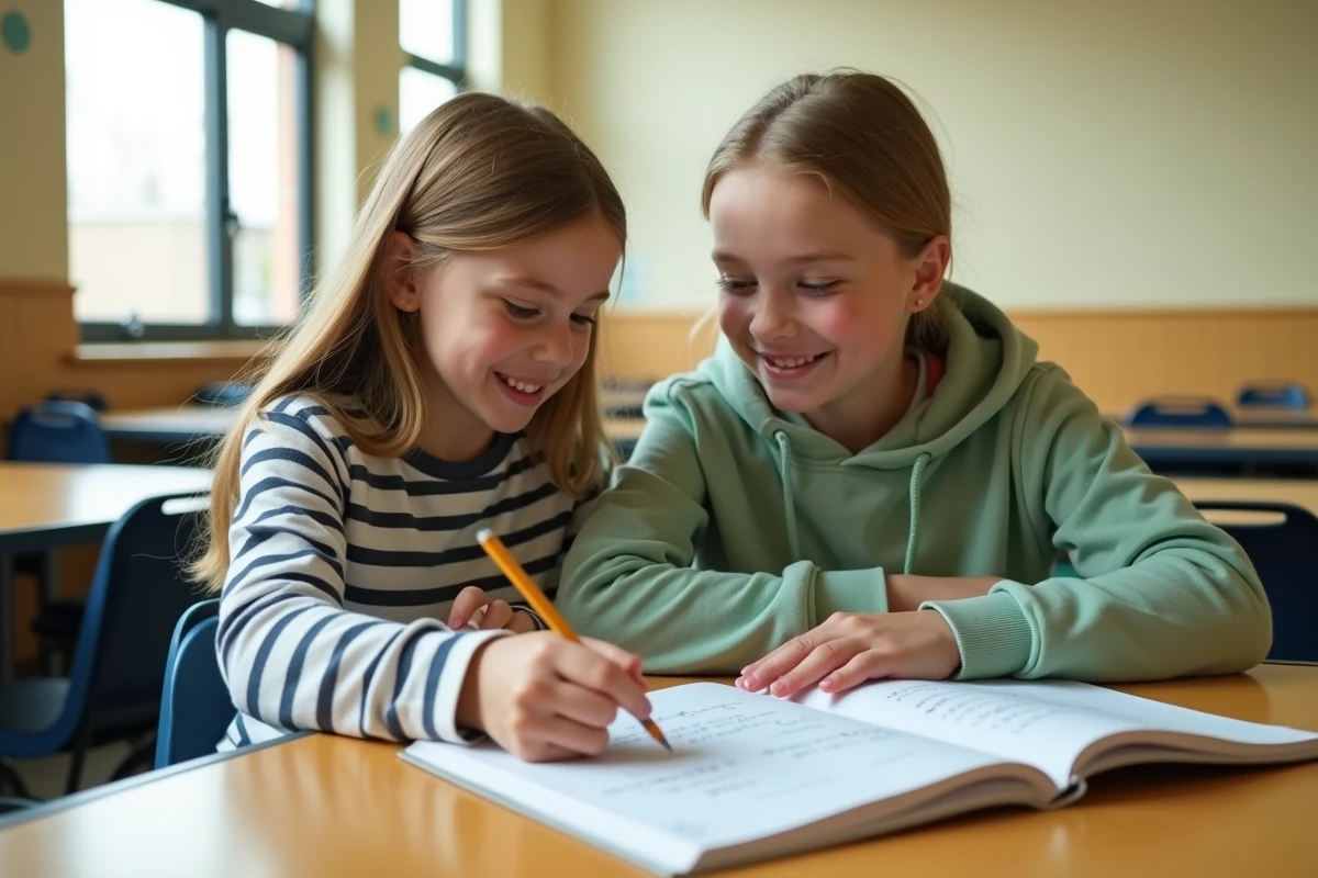 Deux élèves de CM2 préparant ensemble des idées de projets pour leur rôle de délégué de classe dans la cantine scolaire