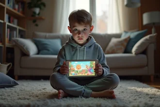 Enfant de 10 ans hypnotisé par une tablette affichant du contenu brainrot dans un salon familial
