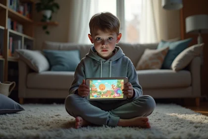 Enfant de 10 ans hypnotisé par une tablette affichant du contenu brainrot dans un salon familial