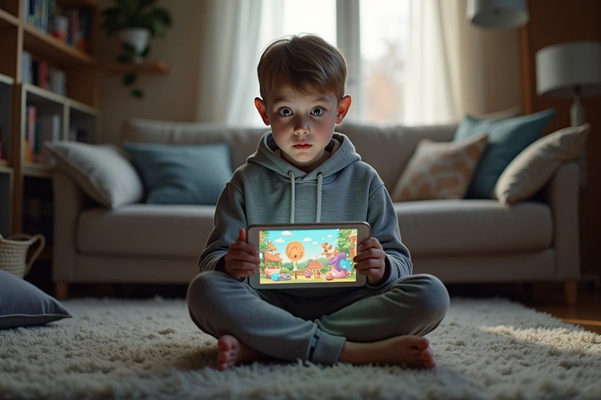 Enfant de 10 ans hypnotisé par une tablette affichant du contenu brainrot dans un salon familial
