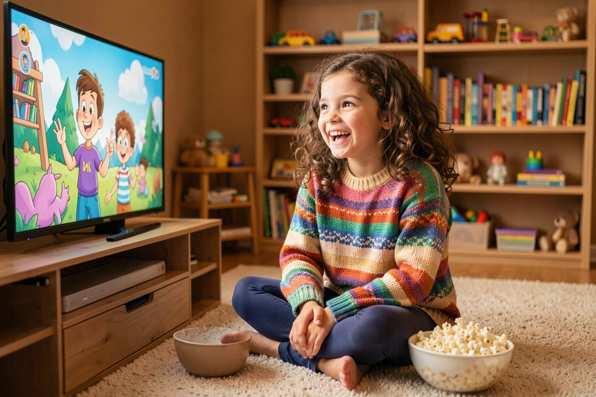 Petite fille regardant des dessins animés sur la télévision, chaînes jeunesse disponibles sur la Freebox Pop