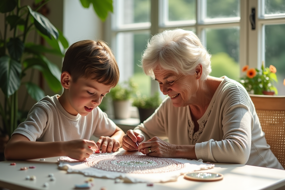 Enfant et grand-mère réalisant une broderie diamant dans un jardin lumineux