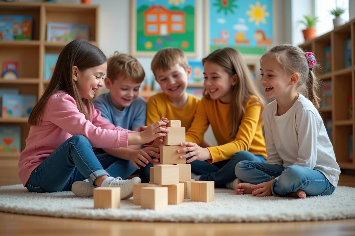 Enfants de 6 à 8 ans construisant une tour de blocs en classe
