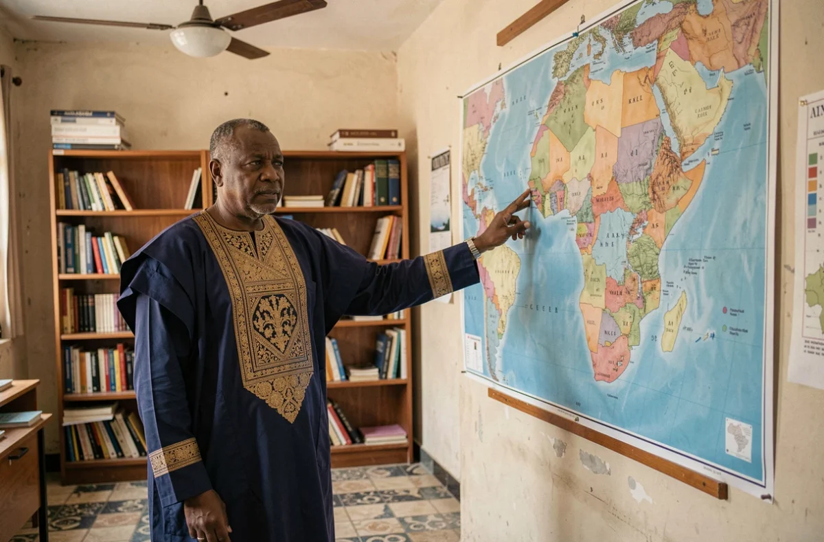 Enseignant africain désignant une carte du continent africain dans une salle de classe illustrant l'importance géopolitique des grands pays