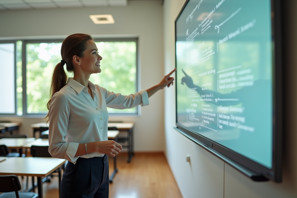 Professeure souriante pointant un tableau interactif en classe