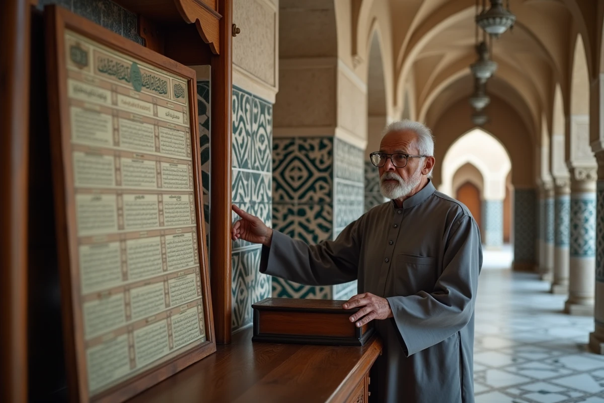 Érudit âgé désignant un tableau mural illustrant la structure des 30 Juz et Hizb du Coran dans une bibliothèque de mosquée