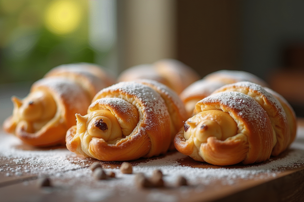 Escargots aux raisins fraîchement cuits sur table en bois
