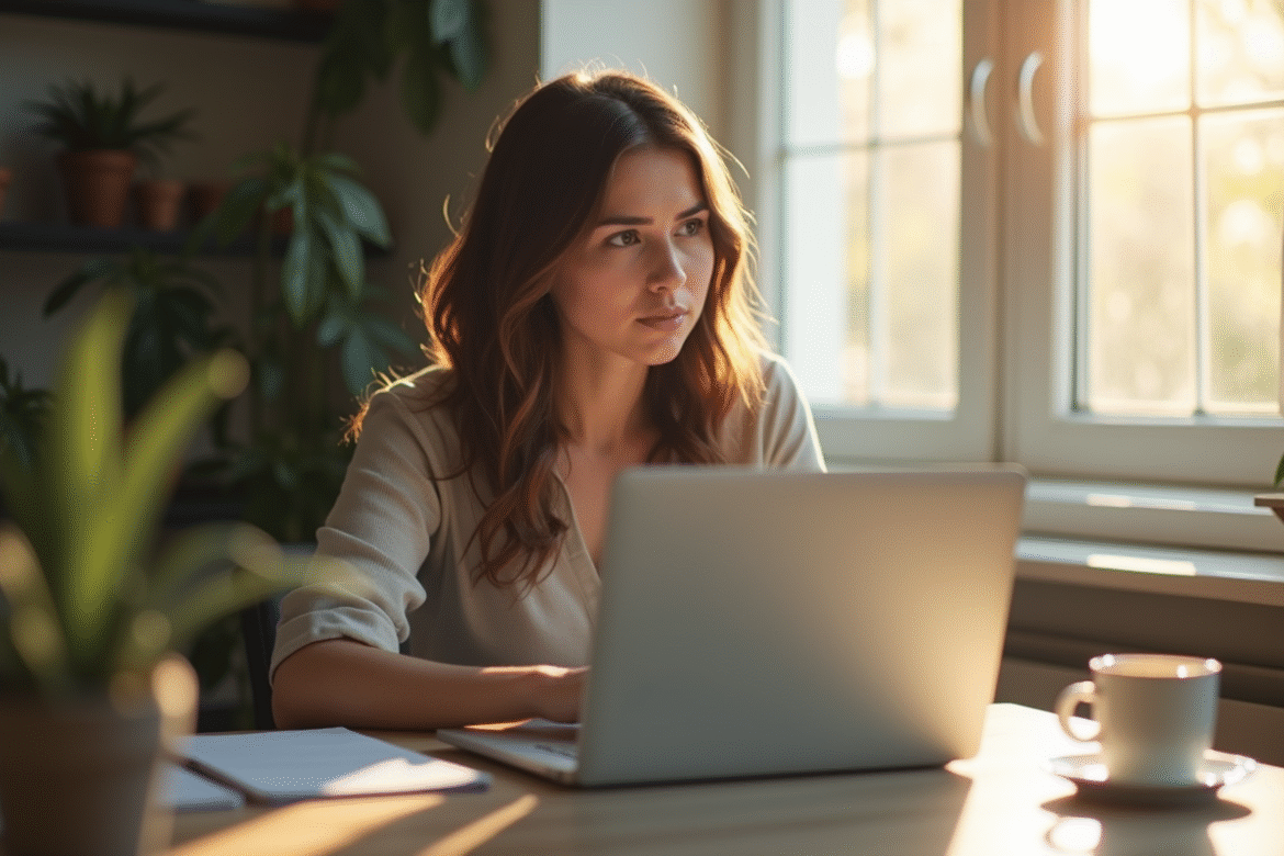 Personne pensif assis à un bureau lumineux avec ordinateur et café