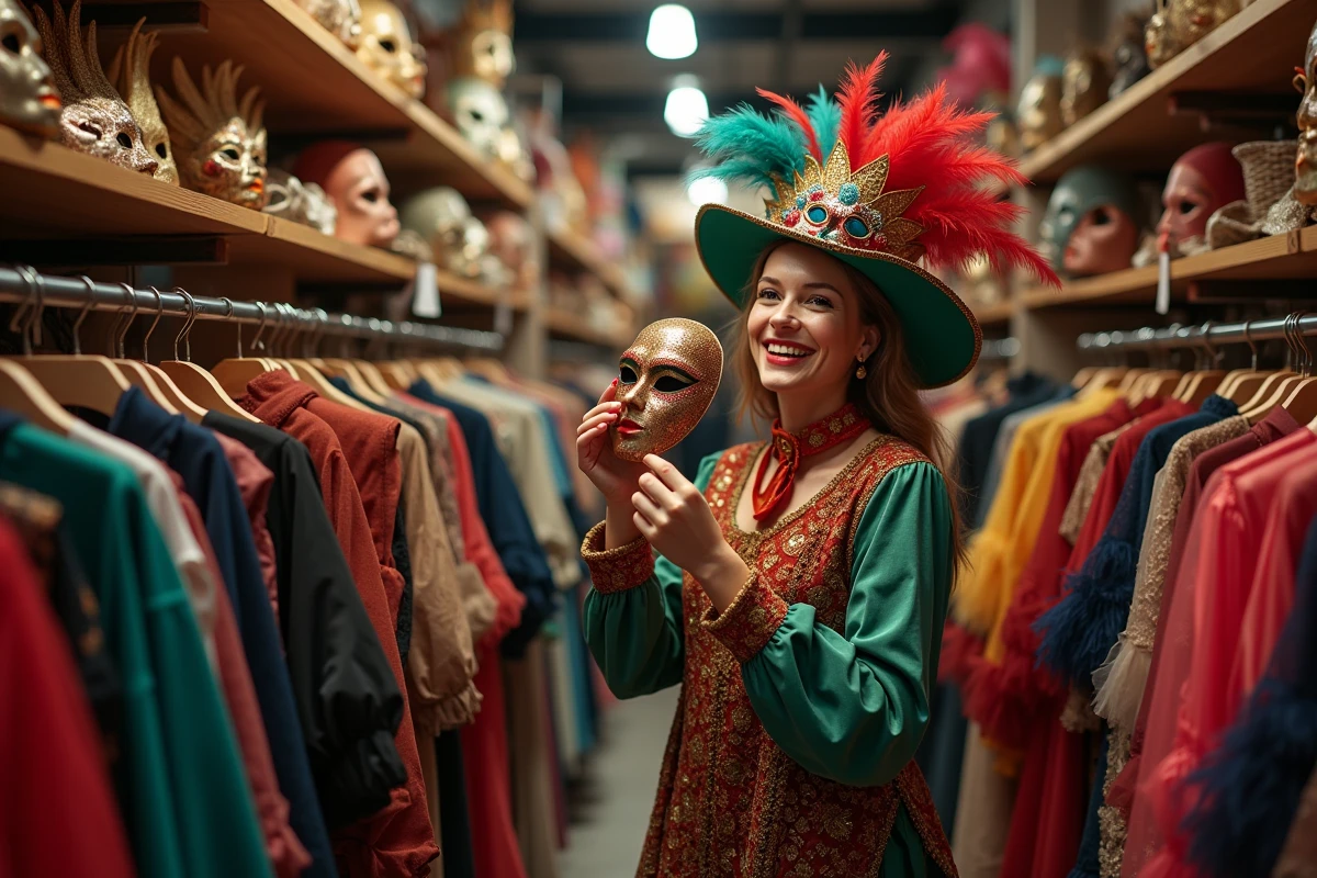 Femme essayant un masque vénitien dans une boutique de costumes de carnaval bien fournie