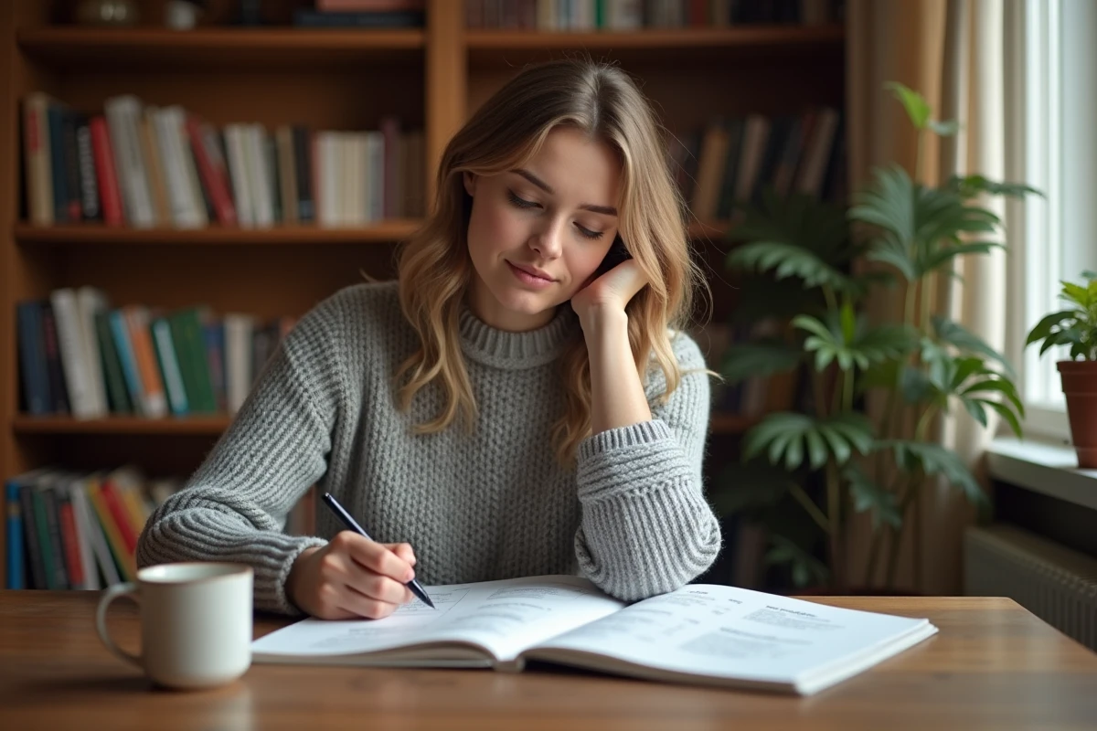 Jeune femme étudiant les synonymes français dans un carnet de vocabulaire sur un bureau en bois entouré de dictionnaires