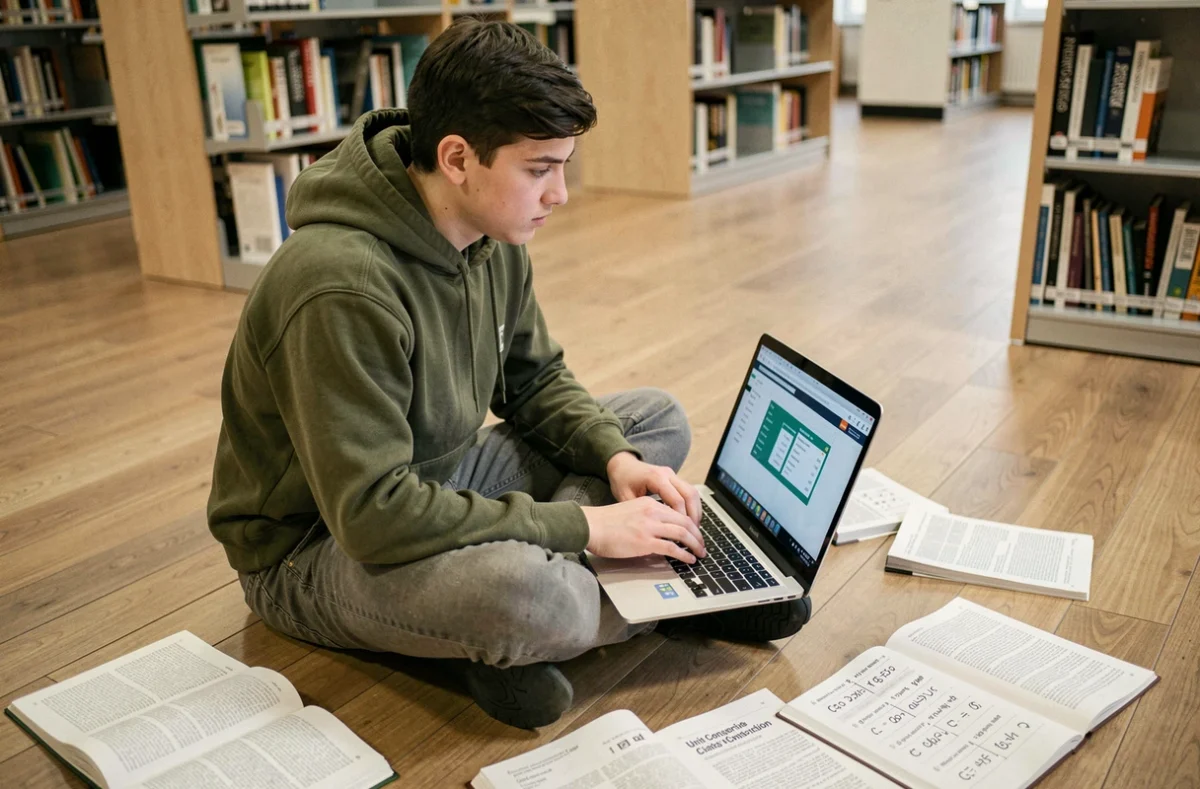 Étudiant consultant un convertisseur en ligne pour transformer des litres en mètres cubes entouré de livres de mathématiques