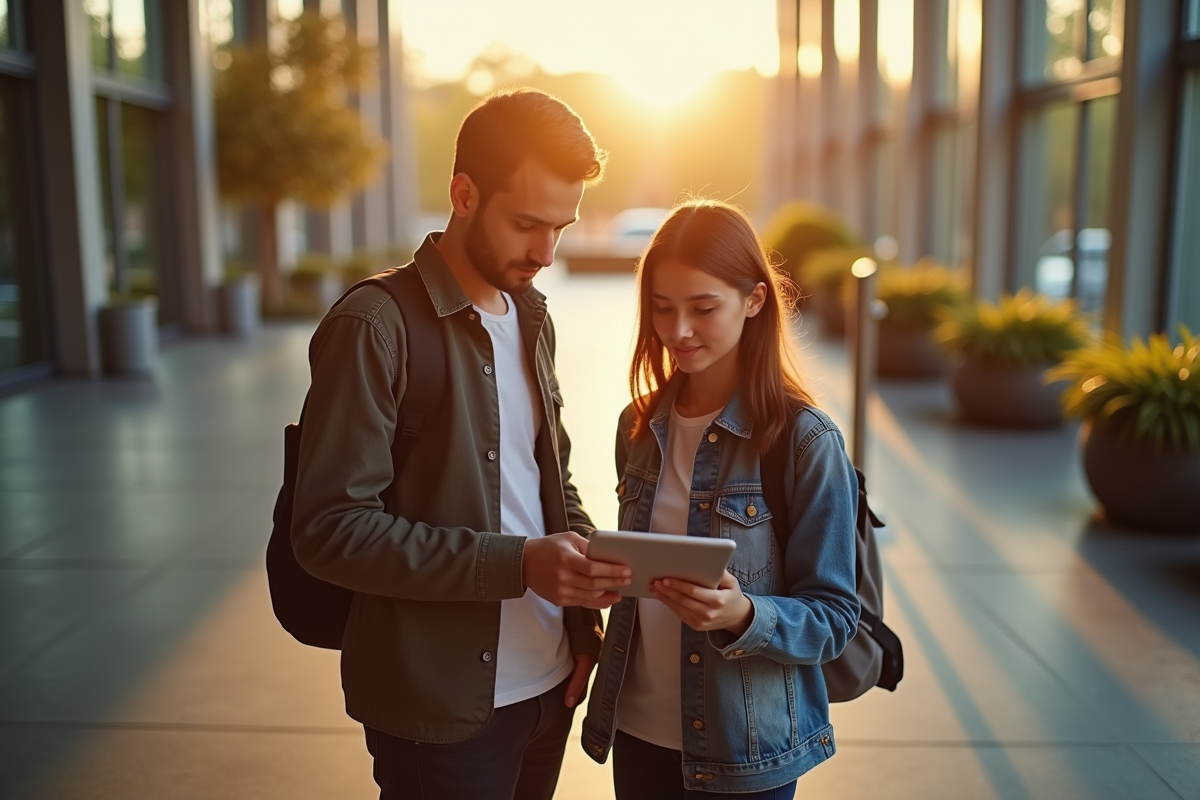Deux étudiants collaborant avec une tablette dans un espace universitaire