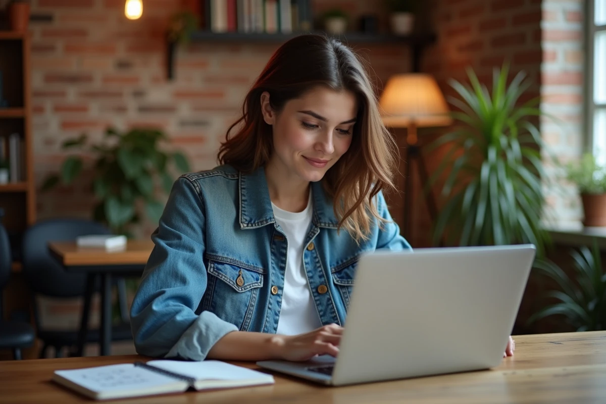 Jeune femme explorant une liste de chanteurs francophones sur un site web depuis son bureau à domicile
