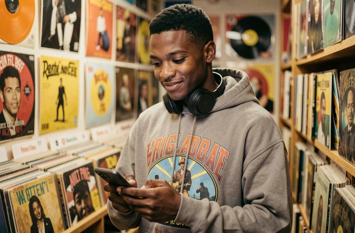 Jeune homme écoutant de la musique dans un magasin de disques, illustrant l'expression populaire 'c'est un banger'