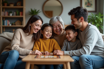 Famille multigenerational jouant à un jeu de société dans un salon chaleureux