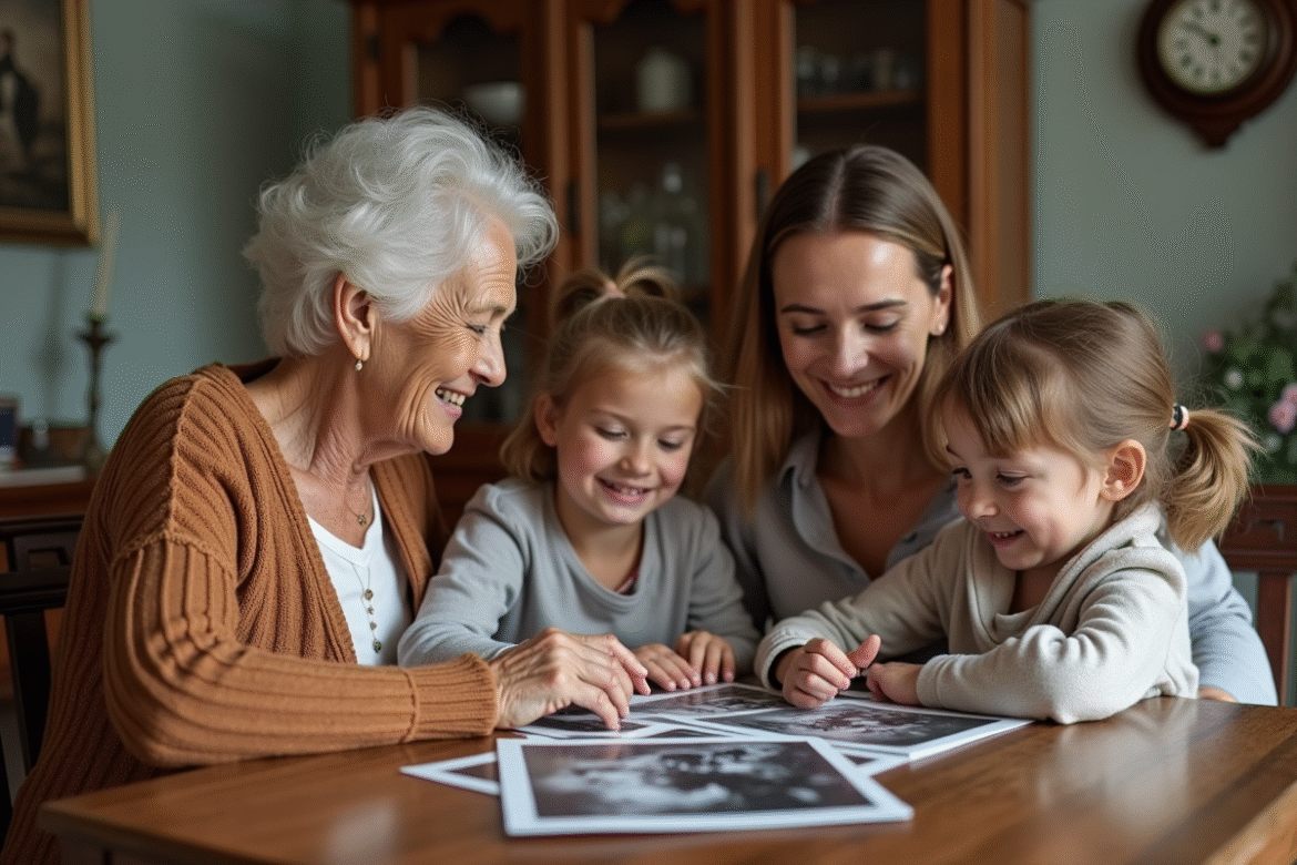 Trois générations de famille française partageant des photos anciennes