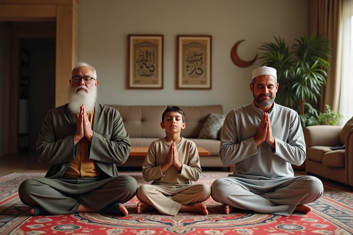 Famille musulmane multigénérationnelle réunie en cercle faisant une douaa ensemble pendant le ramadan sur un tapis de prière