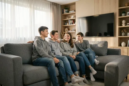 Famille réunie dans le salon regardant la télévision sur un canapé gris, illustration de la Freebox Pop et des chaînes jeunesse