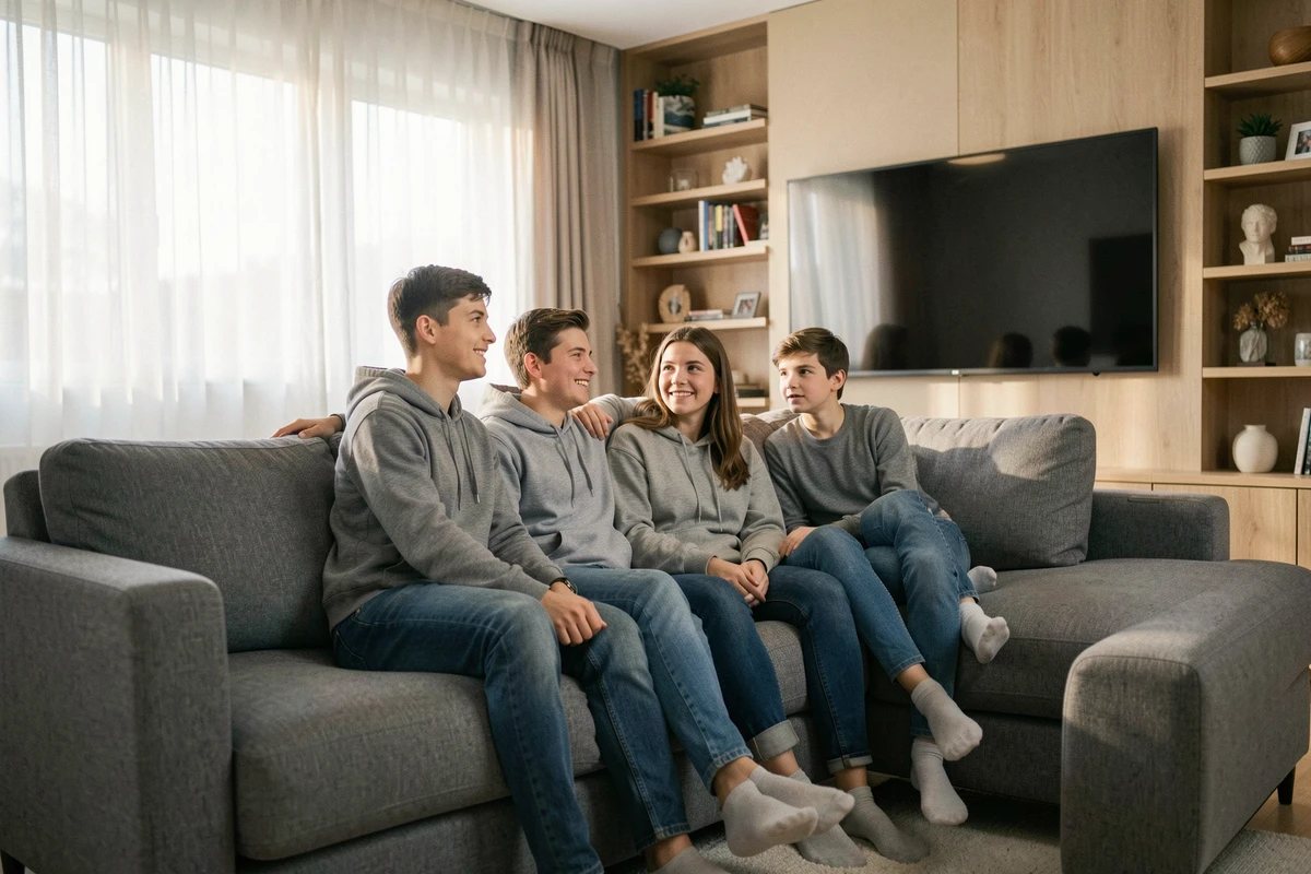 Famille réunie dans le salon regardant la télévision sur un canapé gris, illustration de la Freebox Pop et des chaînes jeunesse